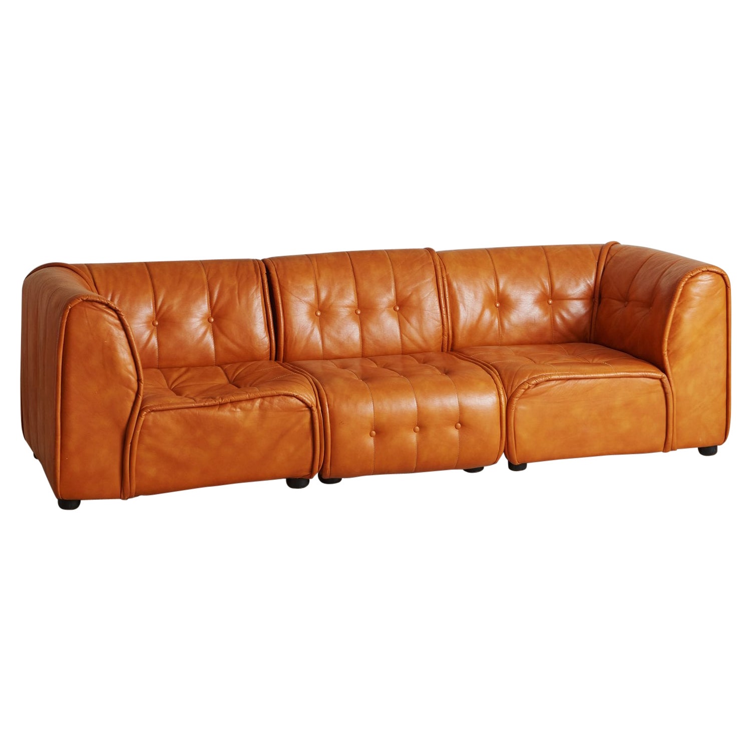 Three Section Modular Camel Leather Sofa, 1970s