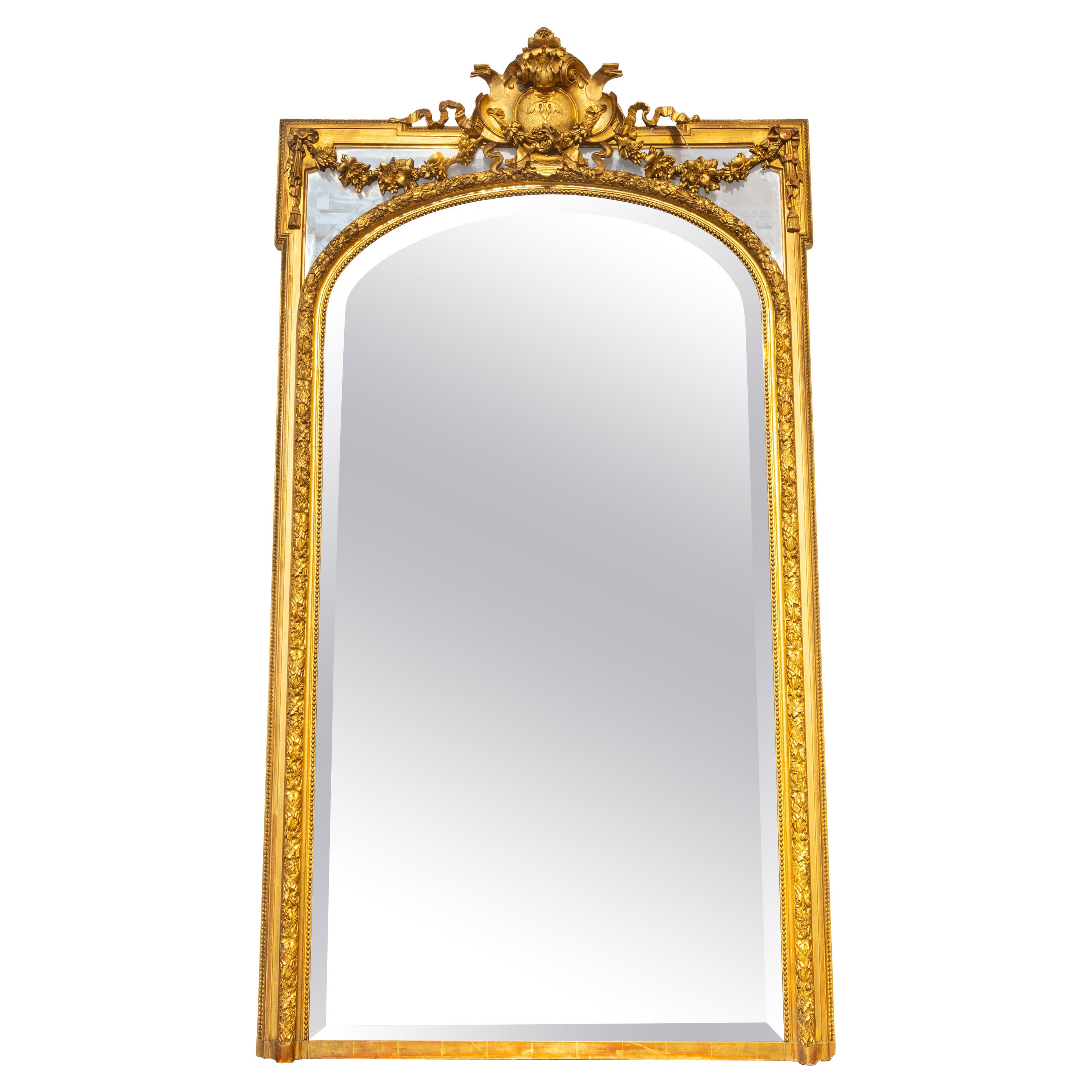 Fine 19th c French Large Louis XVI Water Gilt Hand Carved Mirror from Paris For Sale