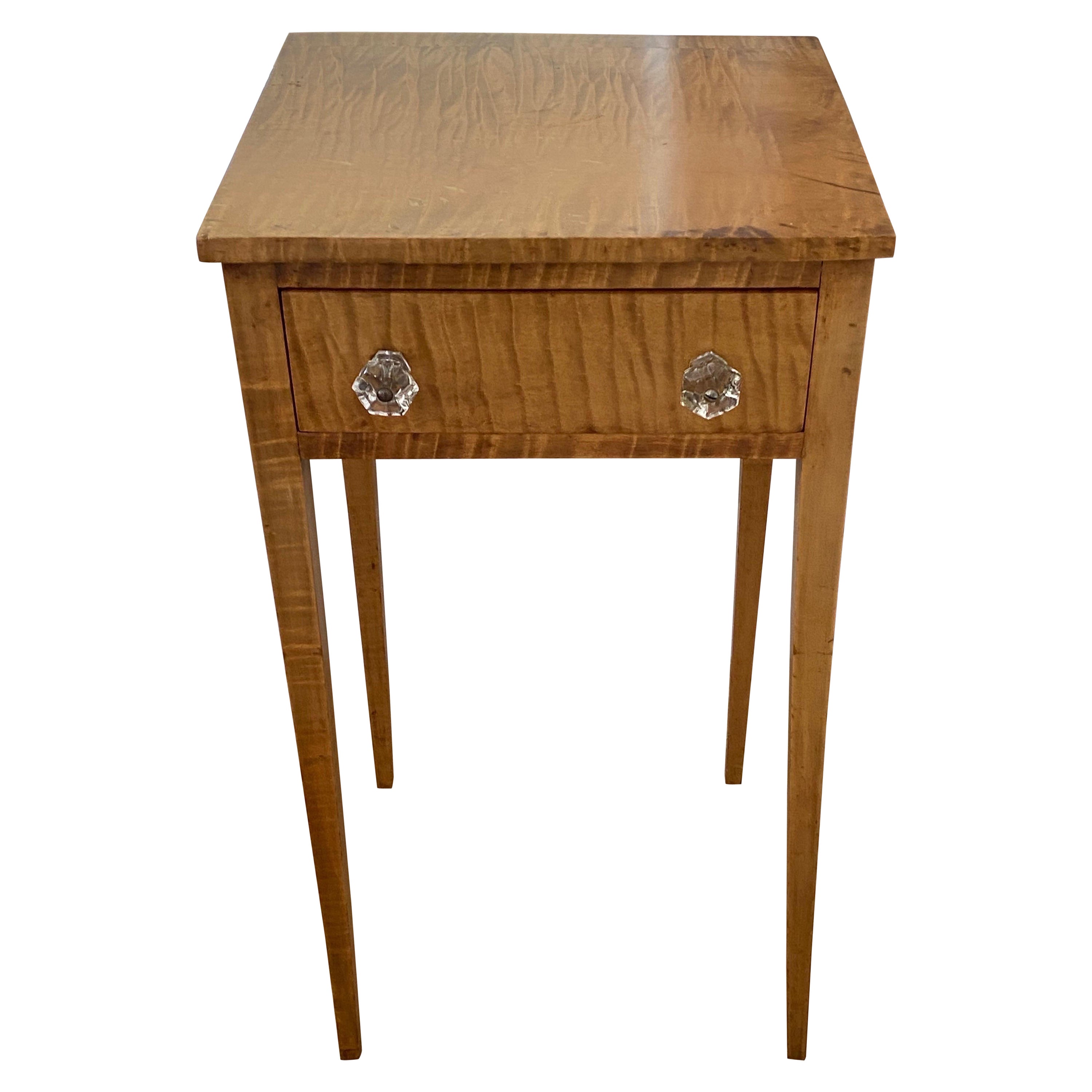 19th Century American Sheraton Tiger Maple Single Drawer Stand with Glass Knobs For Sale