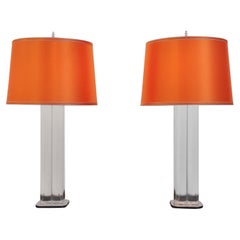 Retro Pair of Four Column Lucite and Chrome Lamps