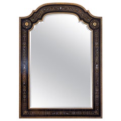 Antique Fine Napoleon 111 Boulle Mirror, Ebony with Mother of Pearl Inlay and Gilt