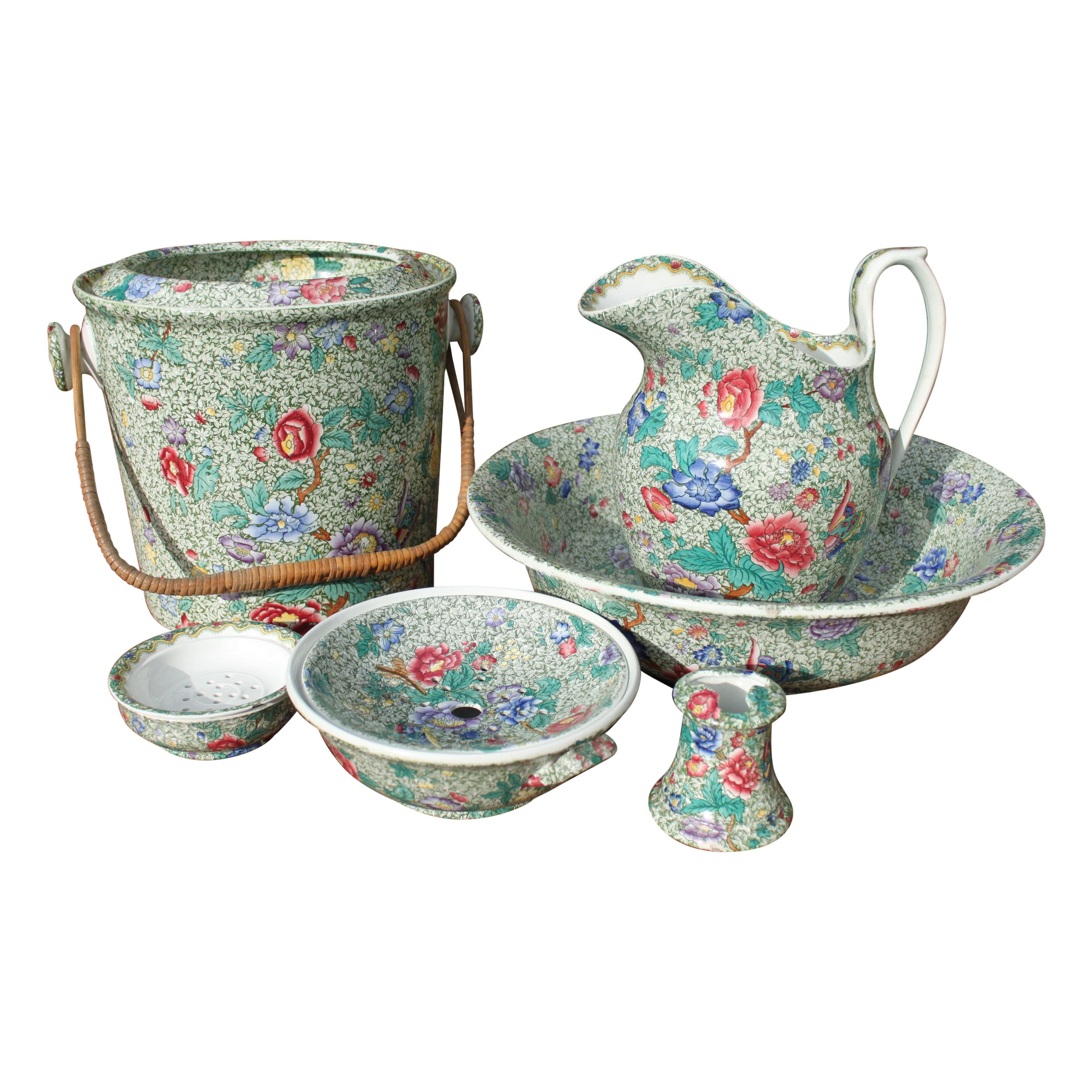 Copeland Spode 6 Piece Wash Set Decorated with Hand Coloured King Chintz Pattern For Sale