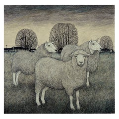 Vintage Seren Bell, 'Welsh', Mixed Media on Paper, Flock by the Tree Clumps