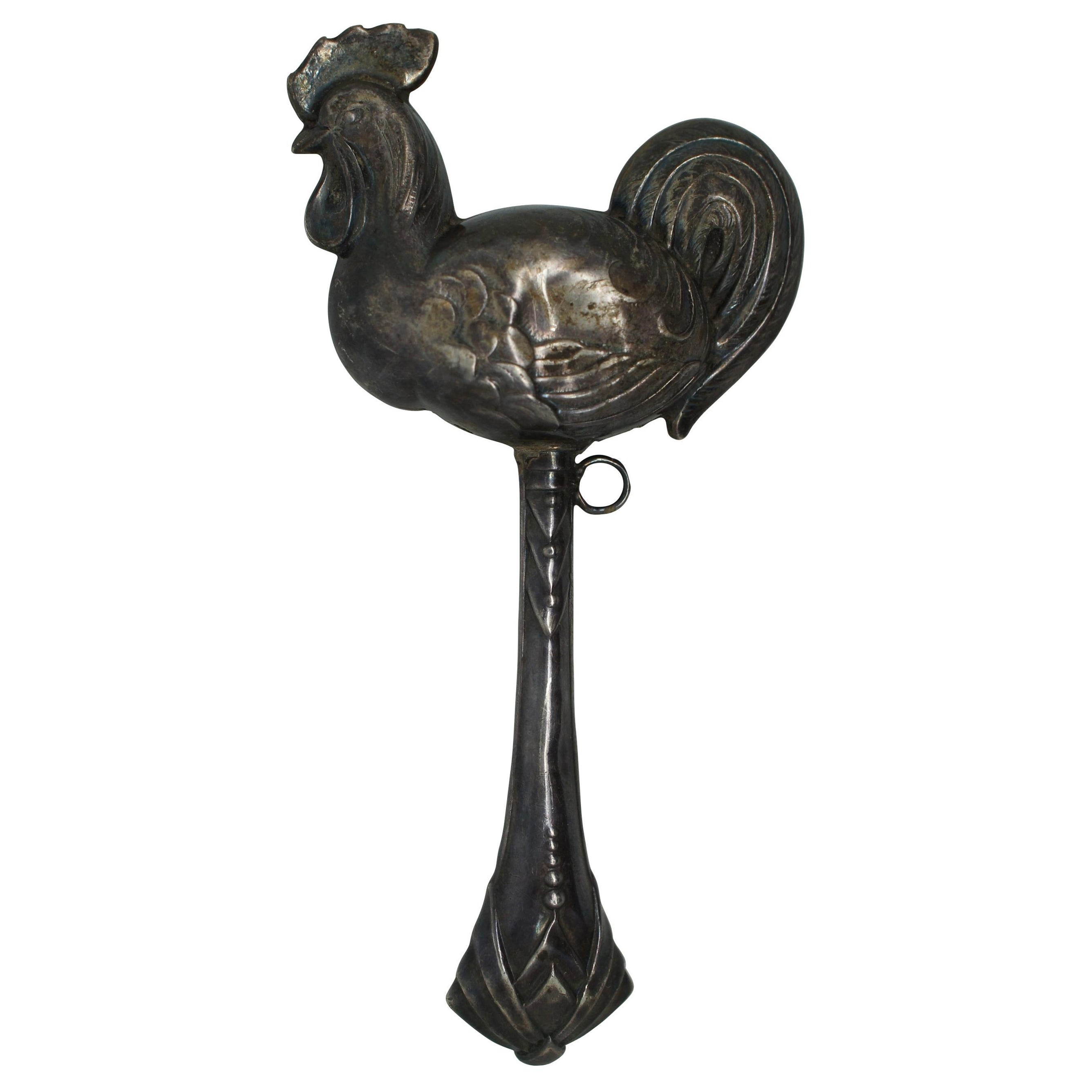 Antique Portugese Topazio Sterling Silver Baby Rattle Teether Rooster 19g For Sale