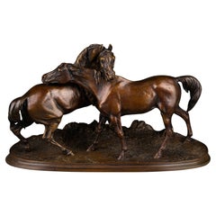 P. J. Mêne '1810-1879' "L'accolade", Bronze à Patine Marron Nuancée, Vers 1880
