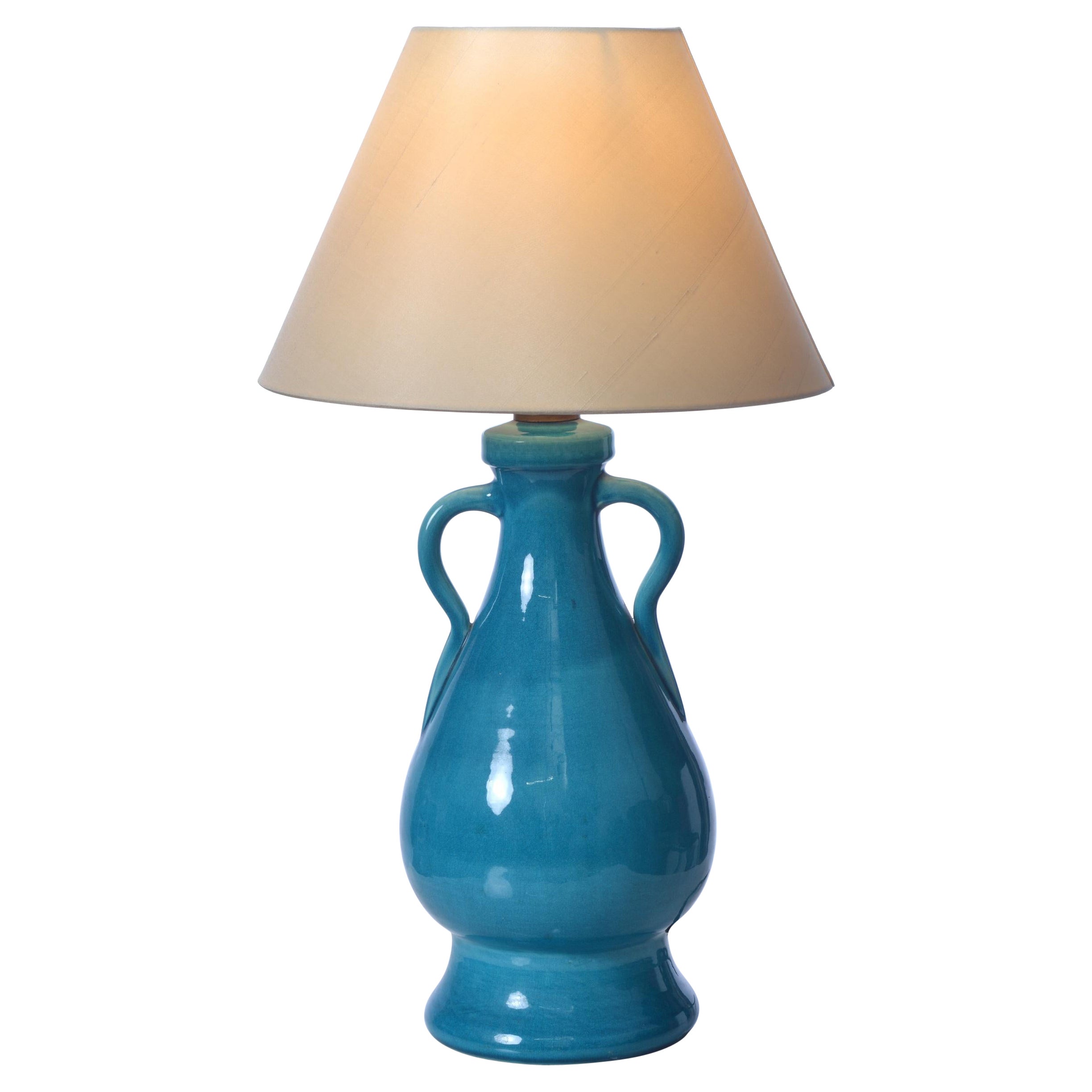 Turquoise ceramic table lamp by Accolay, France c.1955