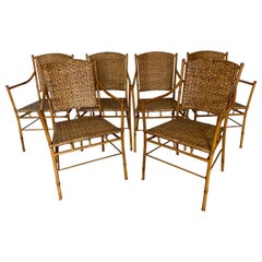 Used 6 Mid C Metal Faux Bamboo Rattan Patio Dining Arm Chairs