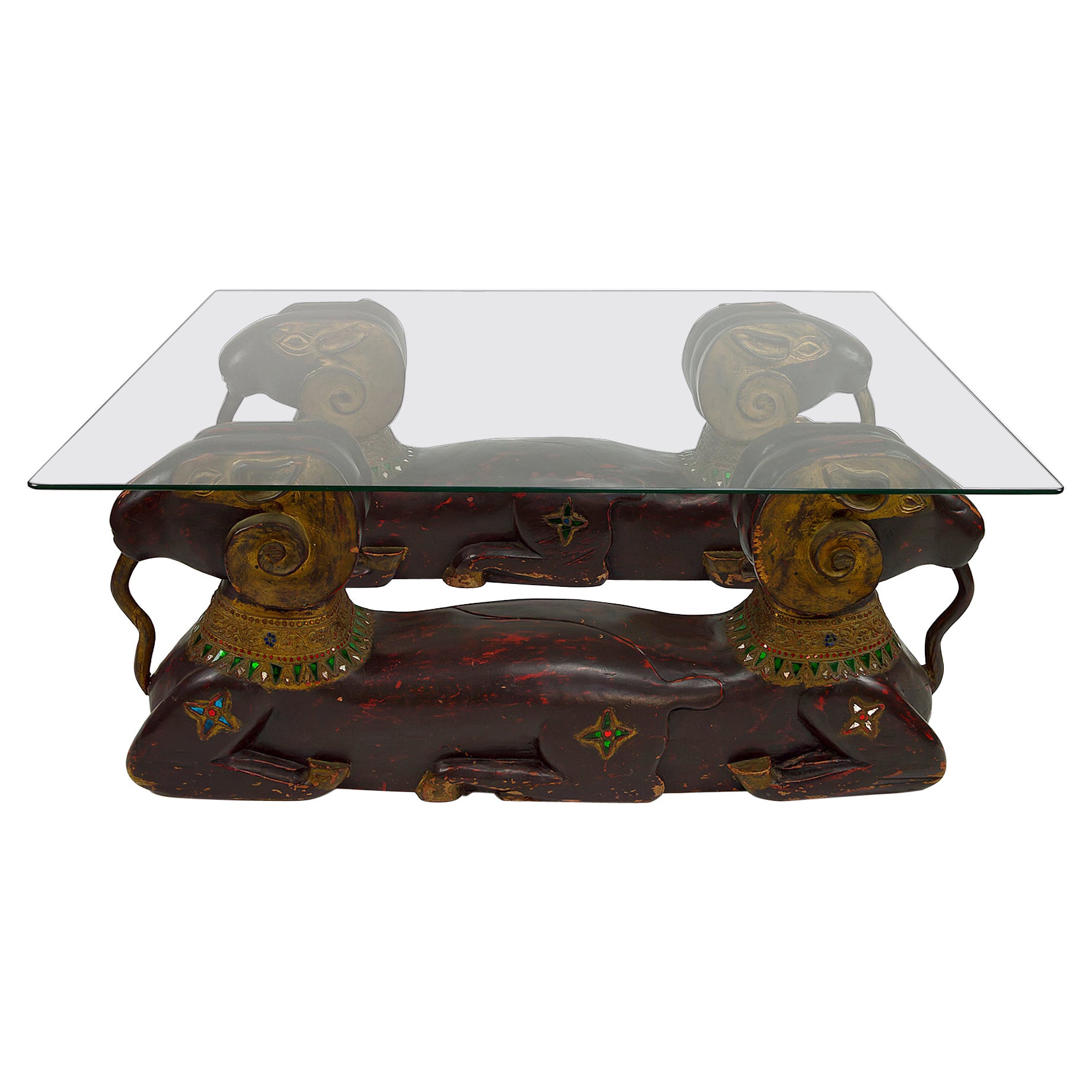 Carved Wood Double Rams Head Coffee Table, Hollywood Regency, circa 1970 For Sale