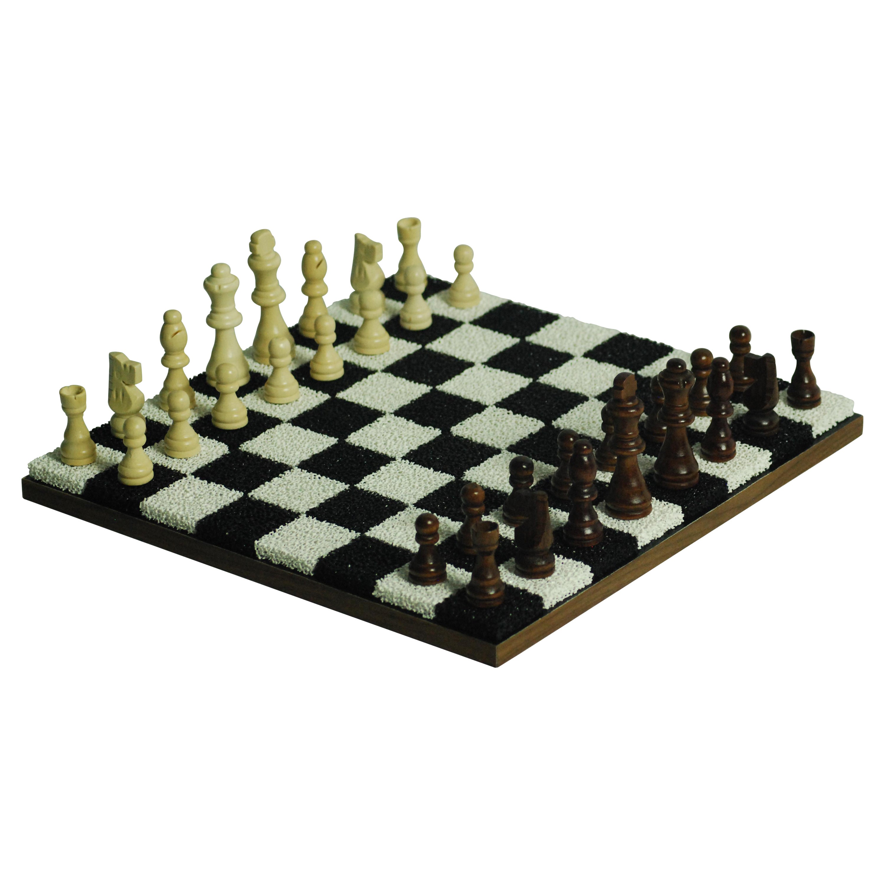 Black + White Porous Ceramic Chess + Checkers Board, Wooden Pieces, Walnut Edge For Sale