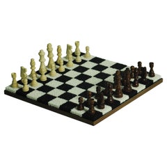 Black + White Porous Ceramic Chess + Checkers Board, Wooden Pieces, Walnut Edge