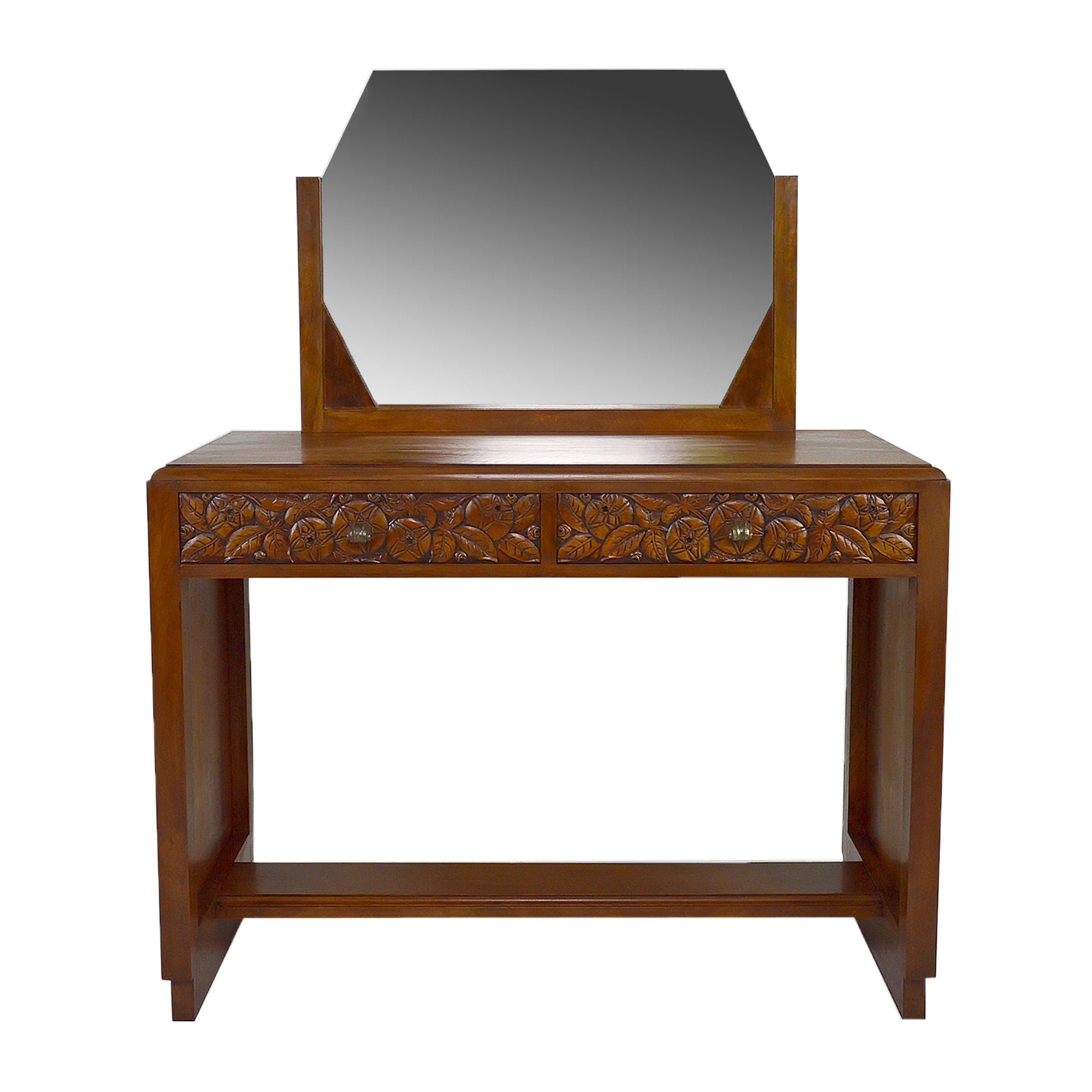 Art Deco Dressing Table in Carved Walnut, France, circa 1930 For Sale
