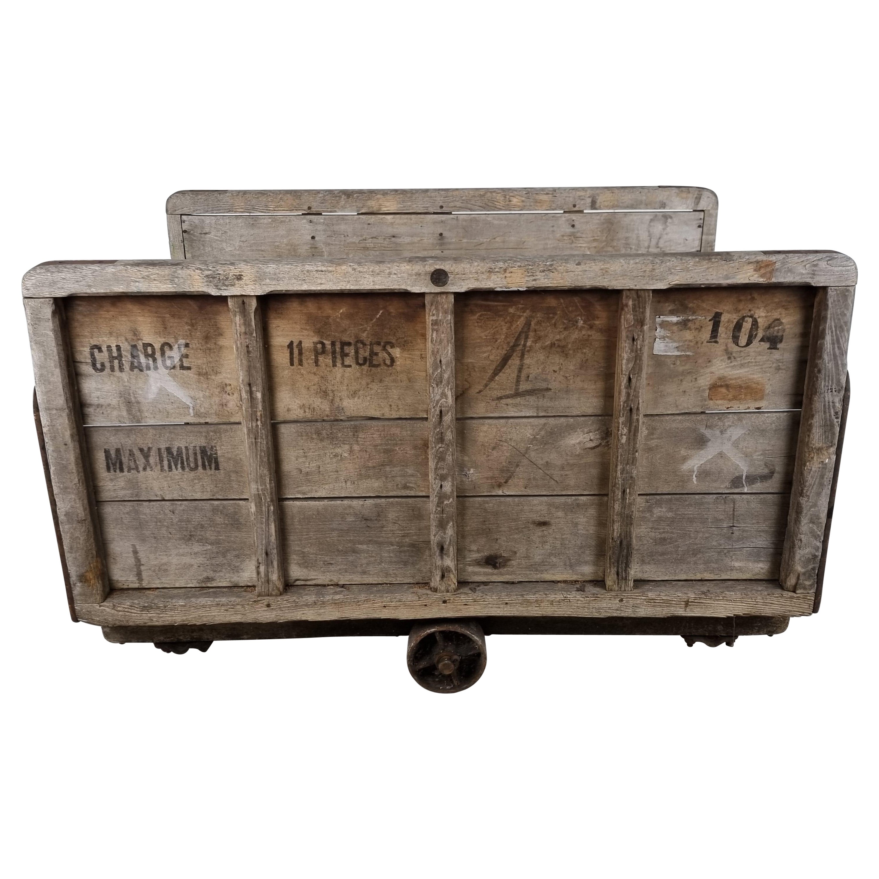 Very Large Industrial Steel and Wooden Trolley, 1900s For Sale