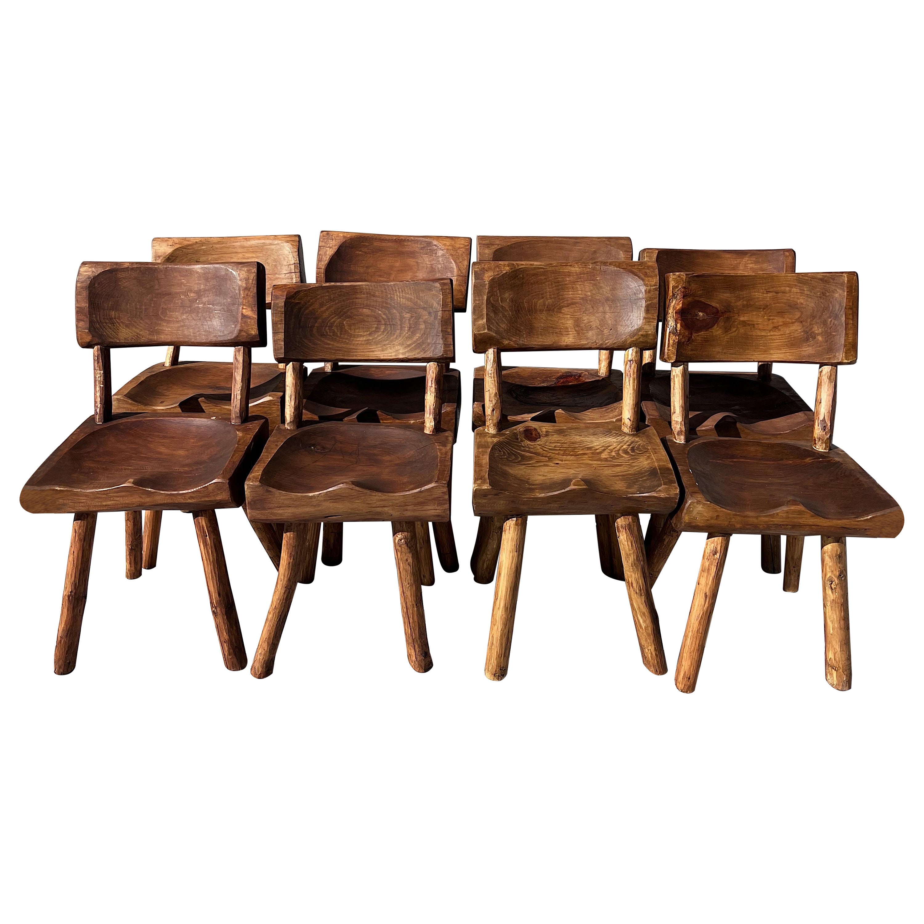 Vintage Wabi Sabi Artisanal Wood Dining Chairs - Set of 8