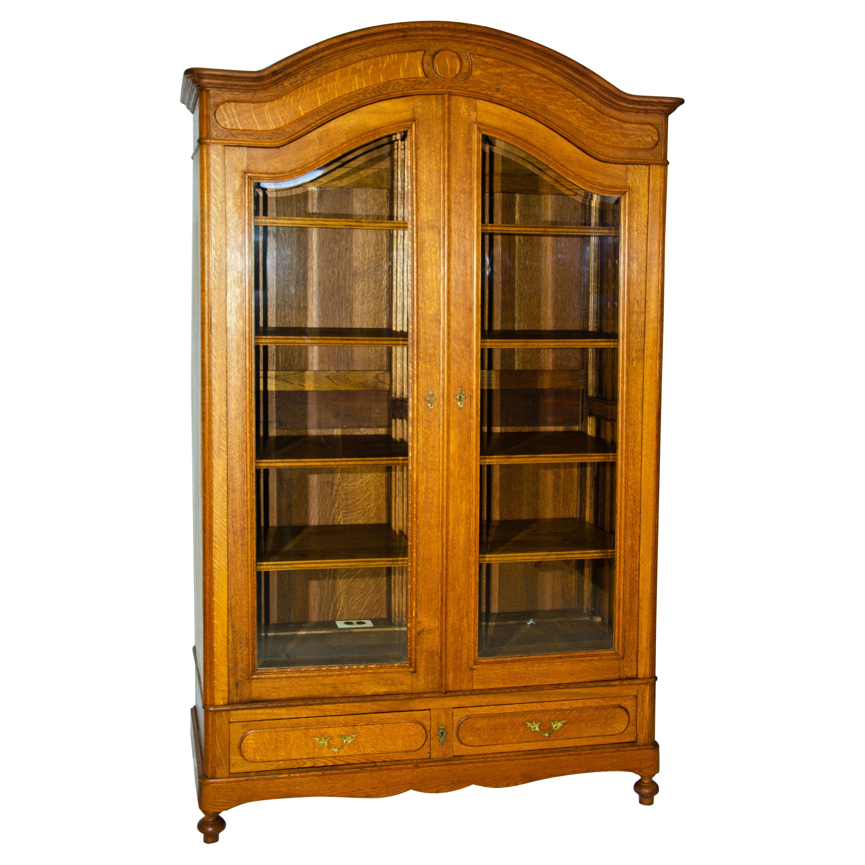 Large Oak Cabinet / Media Center / Bookcase with Beveled Glass Doors For Sale