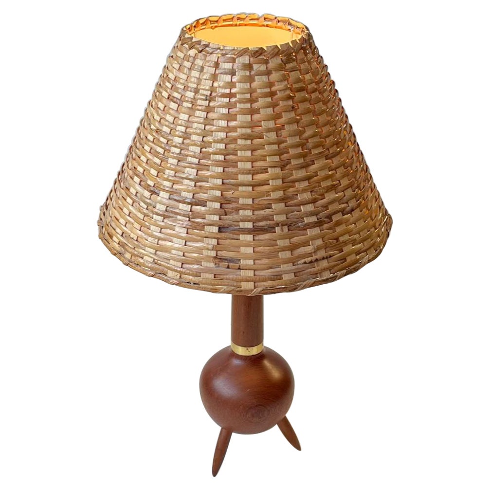 Vintage Scandinavian Tripod Table Lamp in Teak and Wicker, 1960s