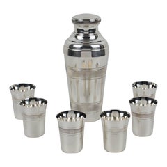 French Art Deco Barware Silver Plate Cocktail Shaker and Six Glasses