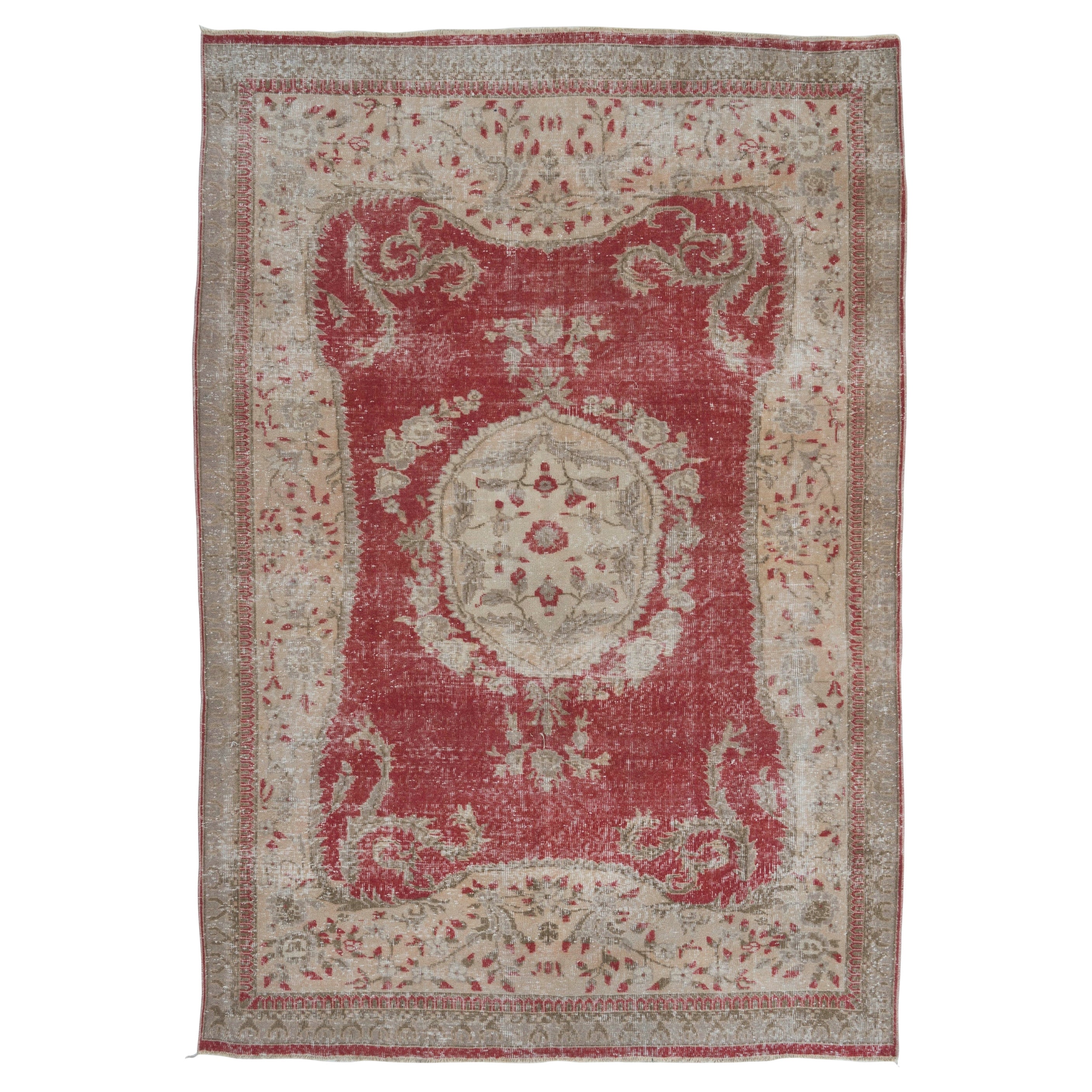 6.5x9.5 Ft Vintage Aubusson Inspired Turkish Rug in Red, Beige & Taupe Colors For Sale