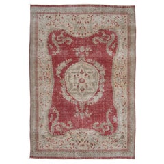 6.5x9.5 Ft MidCentury Aubusson Inspired Turkish Rug in Red, Beige & Taupe Colors