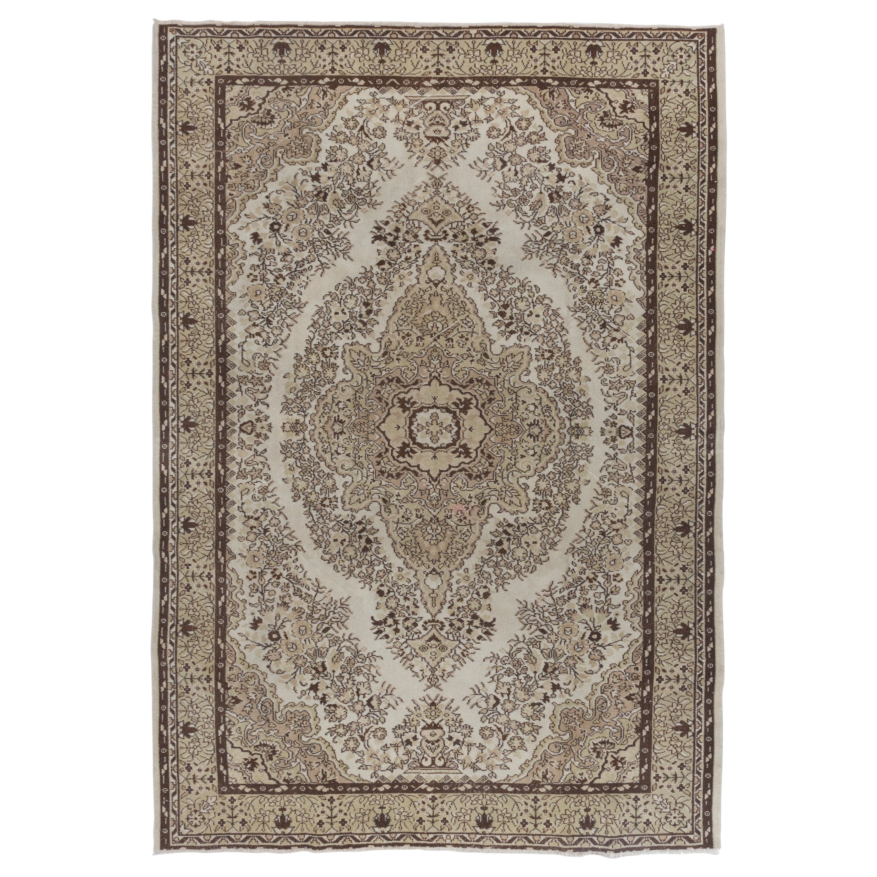 7.3x10.5 Ft Handmade Vintage Floral Turkish Wool Area Rug in Neutral Tones For Sale