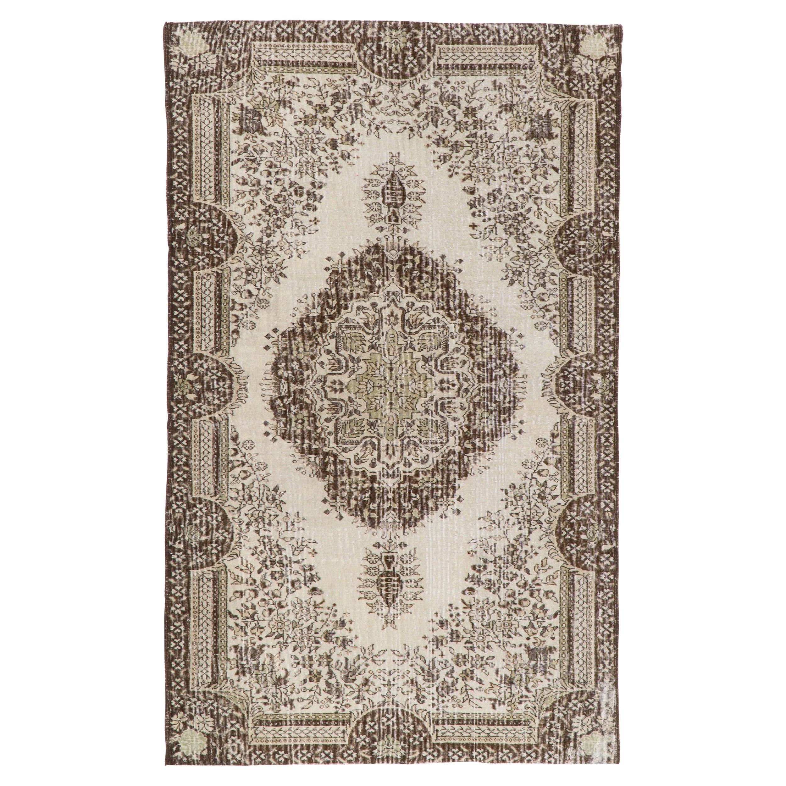 5.5x9 Ft Vintage Antique Washed Handmade Turkish Wool Rug in Neutral Colors For Sale