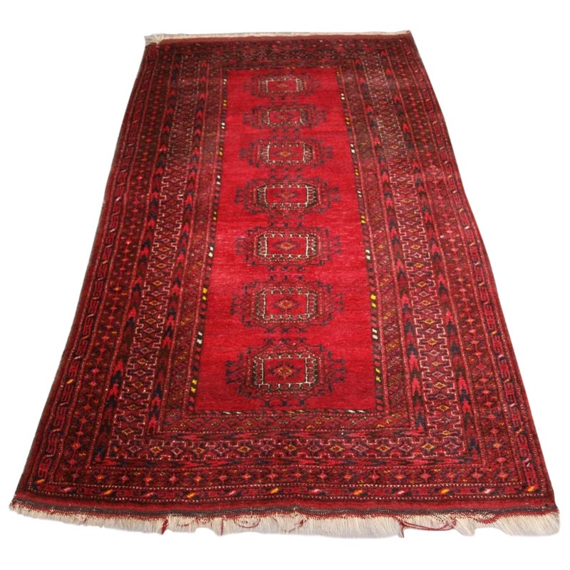 Old Afghan Village Long Rug with Turkmen Turreted Guls, circa 1920c For Sale