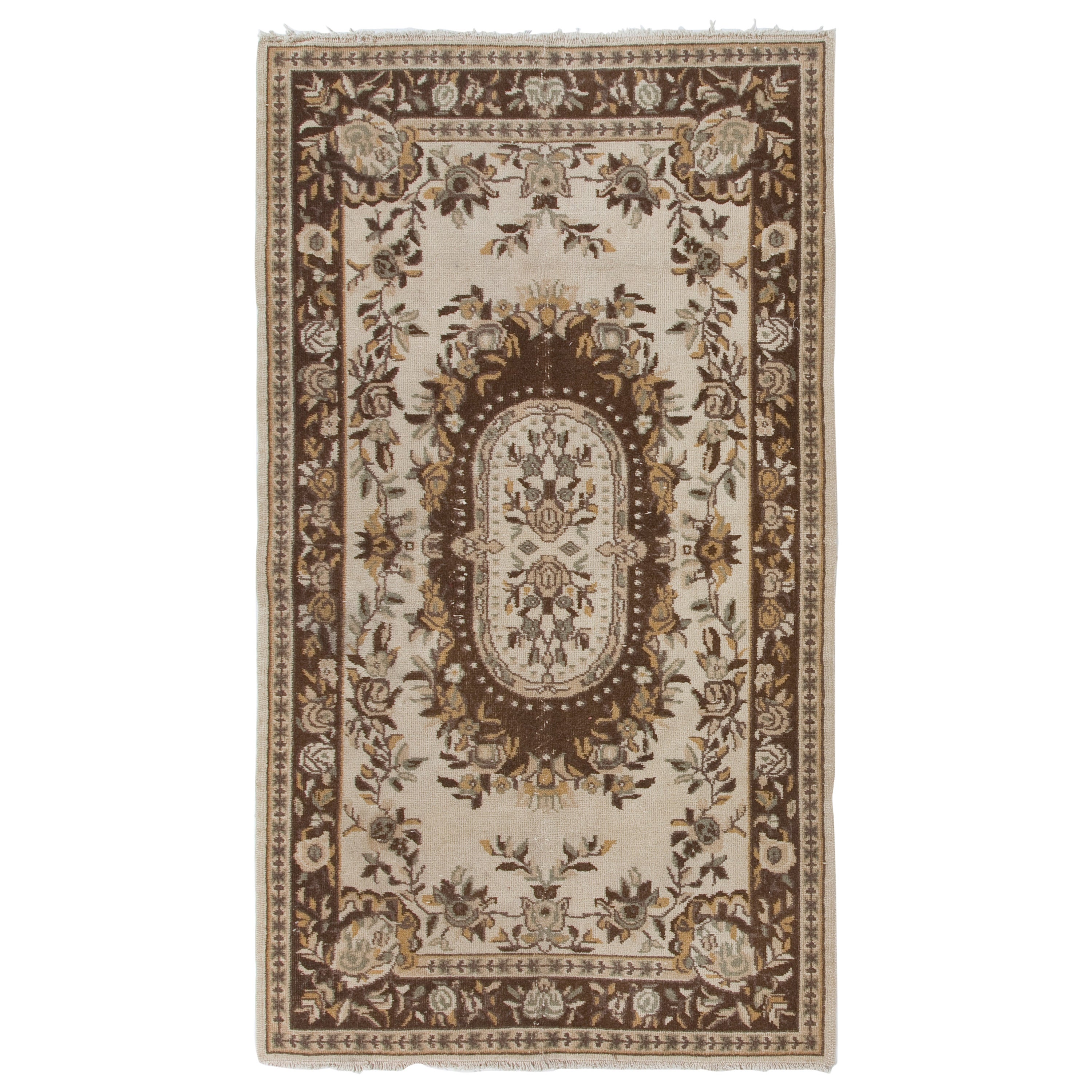 4x7 Ft Handmade Floral Design Anatolian Accent Rug in Beige, Brown & Rust Colors