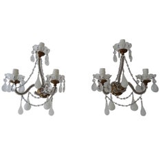 1900 French White Opaline Murano Drops Micro Beaded Crystal Sconces 3 Lights
