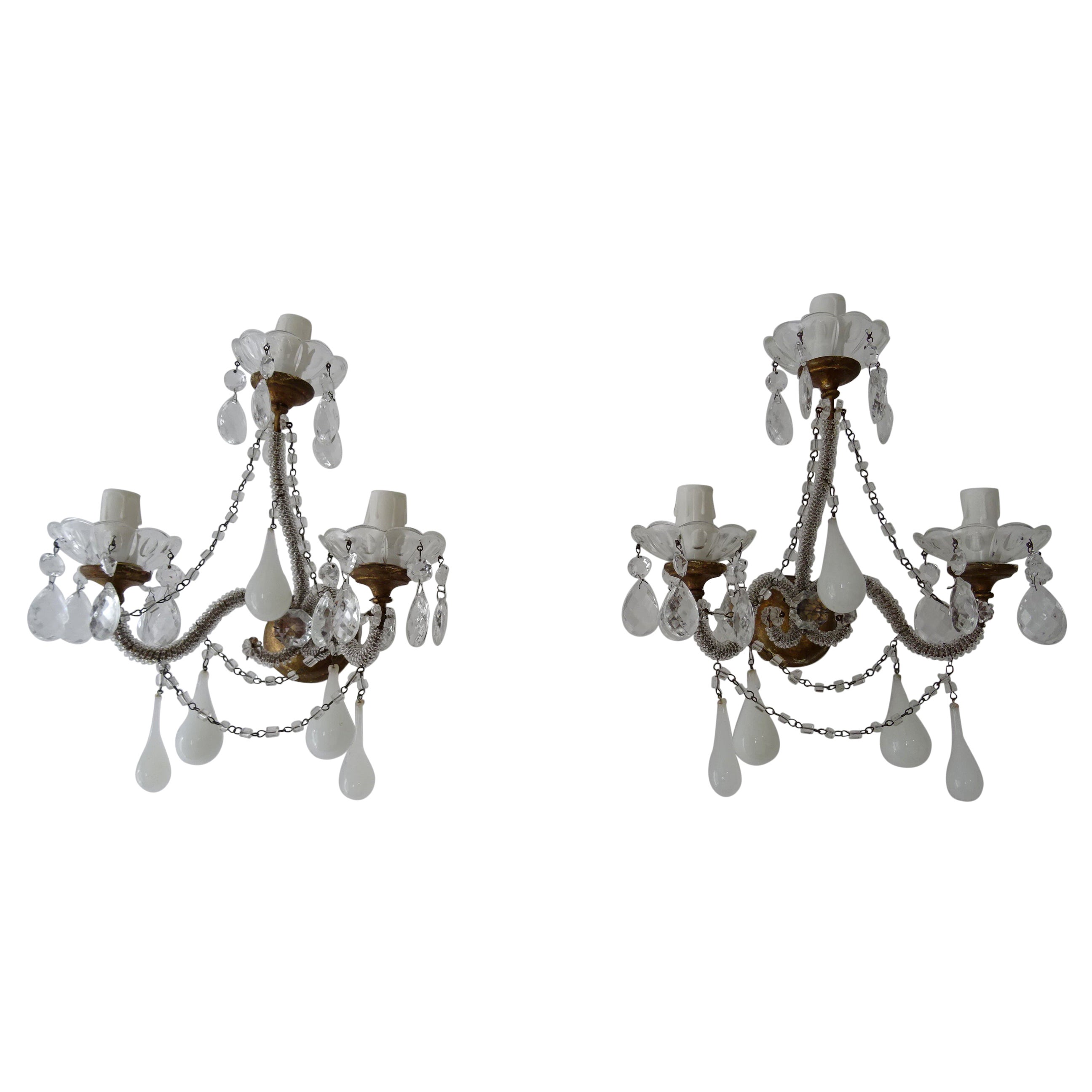 1900 French White Opaline Murano Drops Micro Beaded Crystal Sconces 3 Lights For Sale