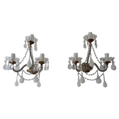 1900 French White Opaline Murano Drops Micro Beaded Crystal Sconces 3 Lights
