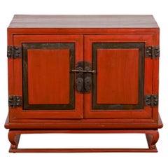 Vintage Red Lacquer Small Cabinet with Dark Accents and Cabriole Legs