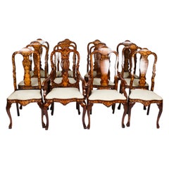 Antikes Set 12 holländische Esszimmerstühle mit hoher Rückenlehne aus Nussbaumholz mit Intarsien, spätes 18. Jahrhundert