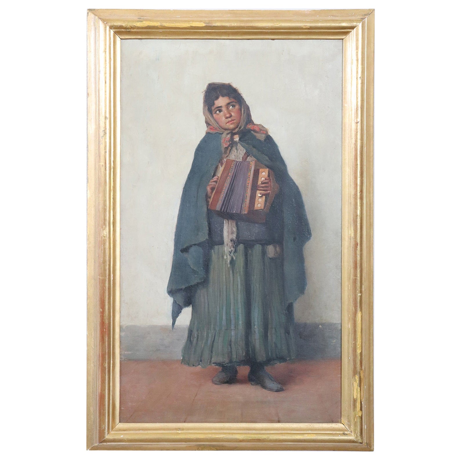 Portrait italien post-impressionniste à l'huile sur toile d'une petite fille avec accordéon en vente