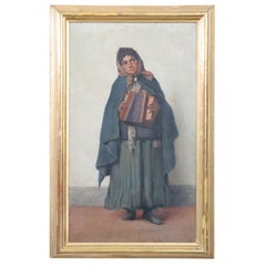 Portrait italien post-impressionniste à l'huile sur toile d'une petite fille avec accordéon