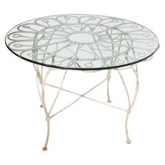 Retro Wrought Iron and Glass Garden Patio Poolside Cafe Dining Center Table 