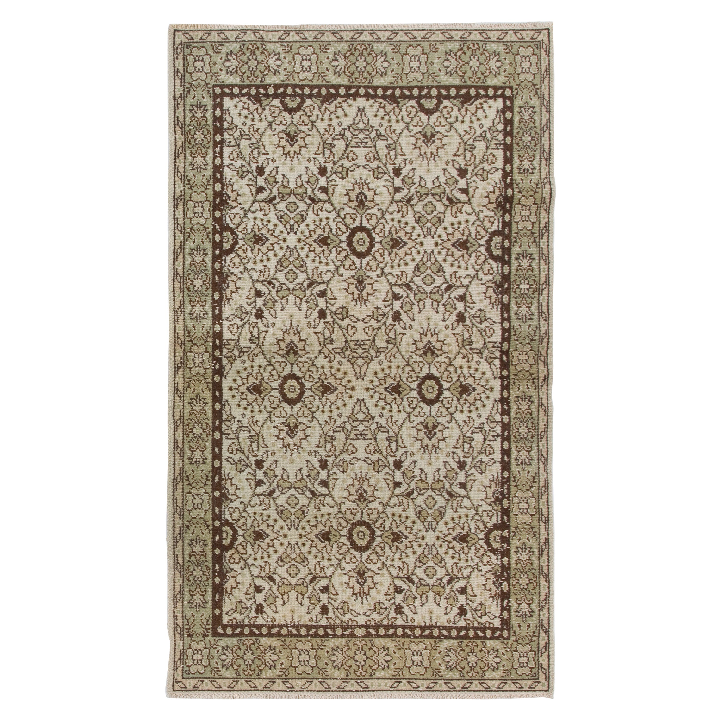 4x6.8 Ft Handmade Vintage Floral Rug in Ivory, Brown and Soft Faded Green Color For Sale