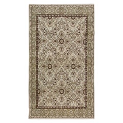 4x6.8 Ft Handmade Retro Floral Rug in Ivory, Brown and Soft Faded Green Color