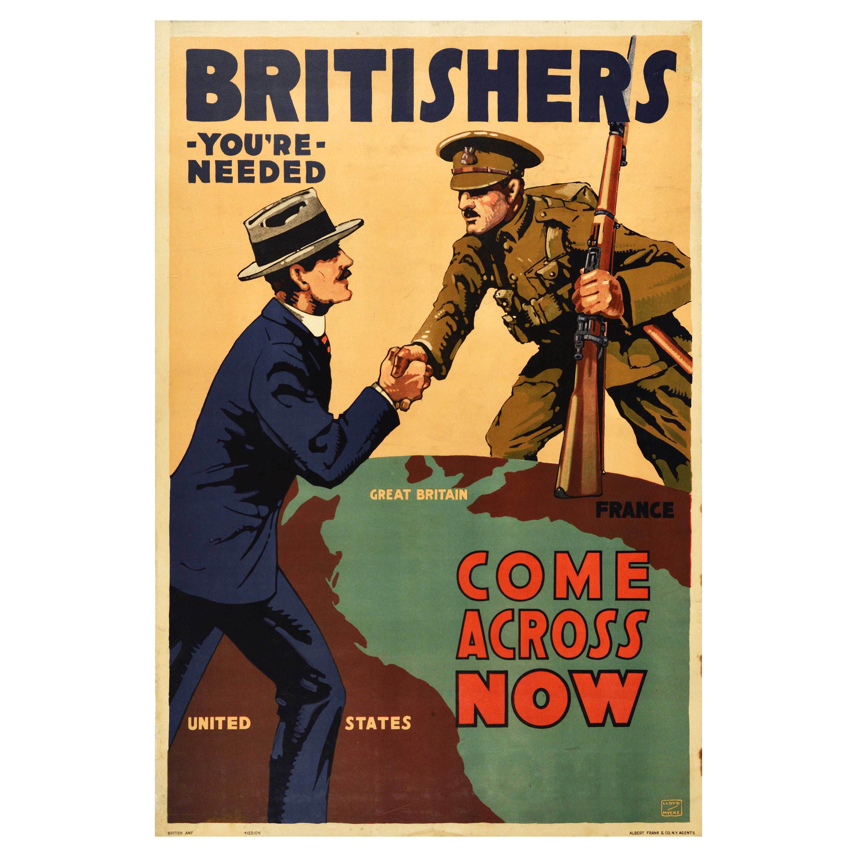 Affiche de recrutement originale et ancienne de la Première Guerre mondiale Britishers You're Needed Come Across Now (Que vous avez besoin, entrez maintenant)