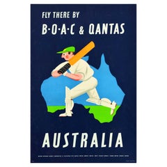 Original Vintage Travel Poster BOAC QANTAS Airlines Australia Cricket Map Design