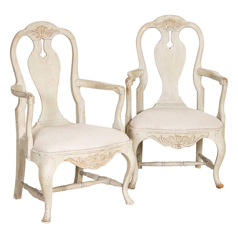 Late 19th Century Antique Pair of Gray Painted Swedish Arm Chairs For Sale