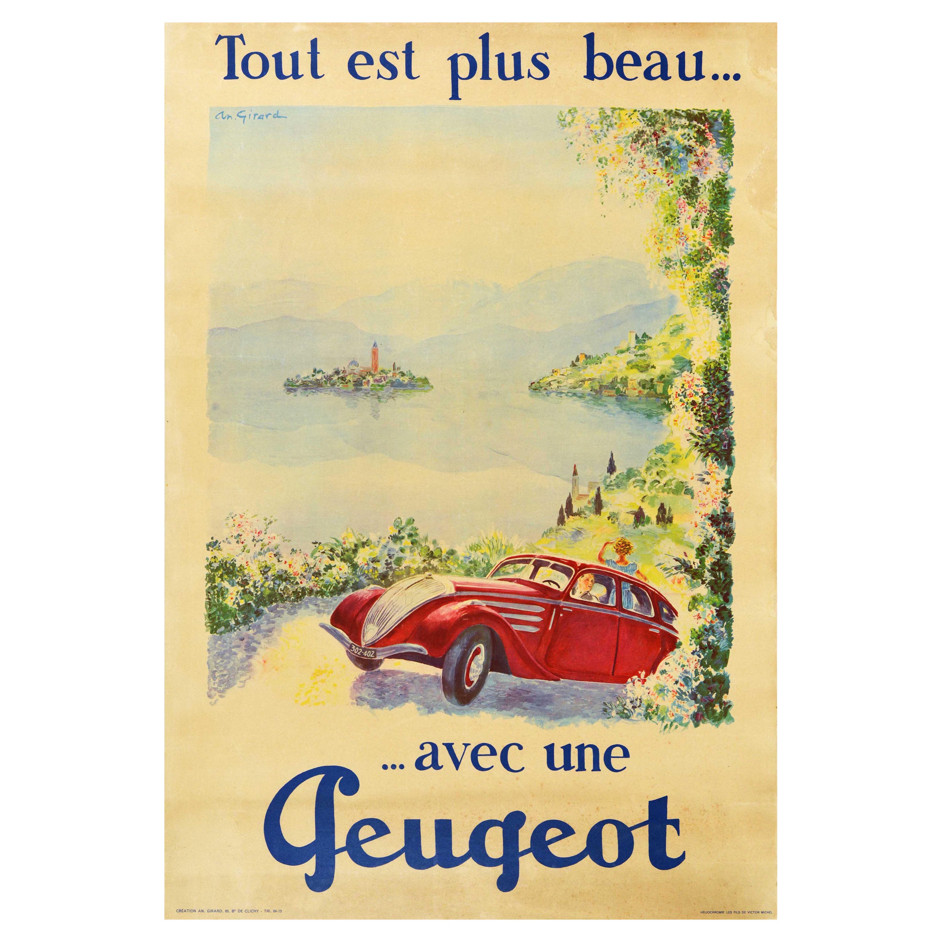 Affiche rétro originale, Tout est plus beau avec une Peugeot 402, Art automobile