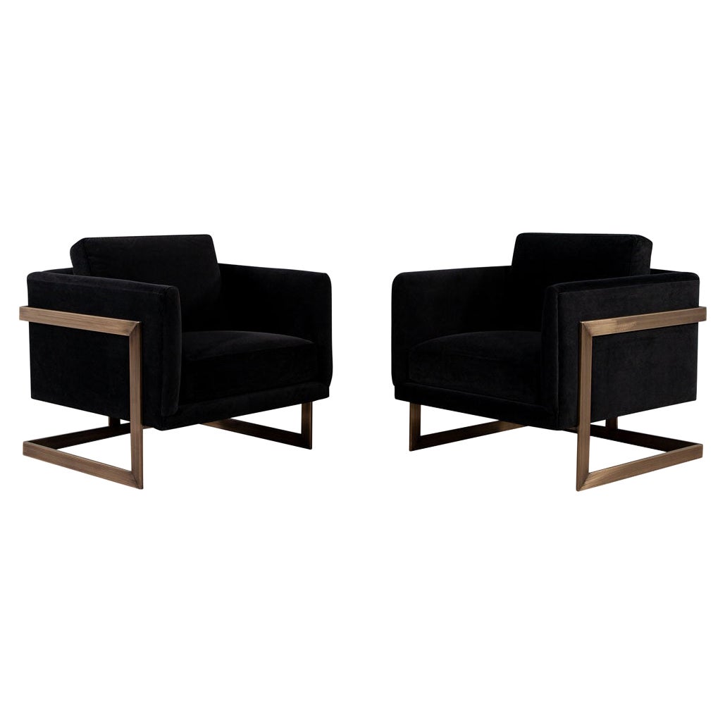 Pair of Custom Black Velvet Lounge Chairs with Brass Frames