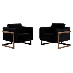 Pair of Custom Black Velvet Lounge Chairs with Brass Frames