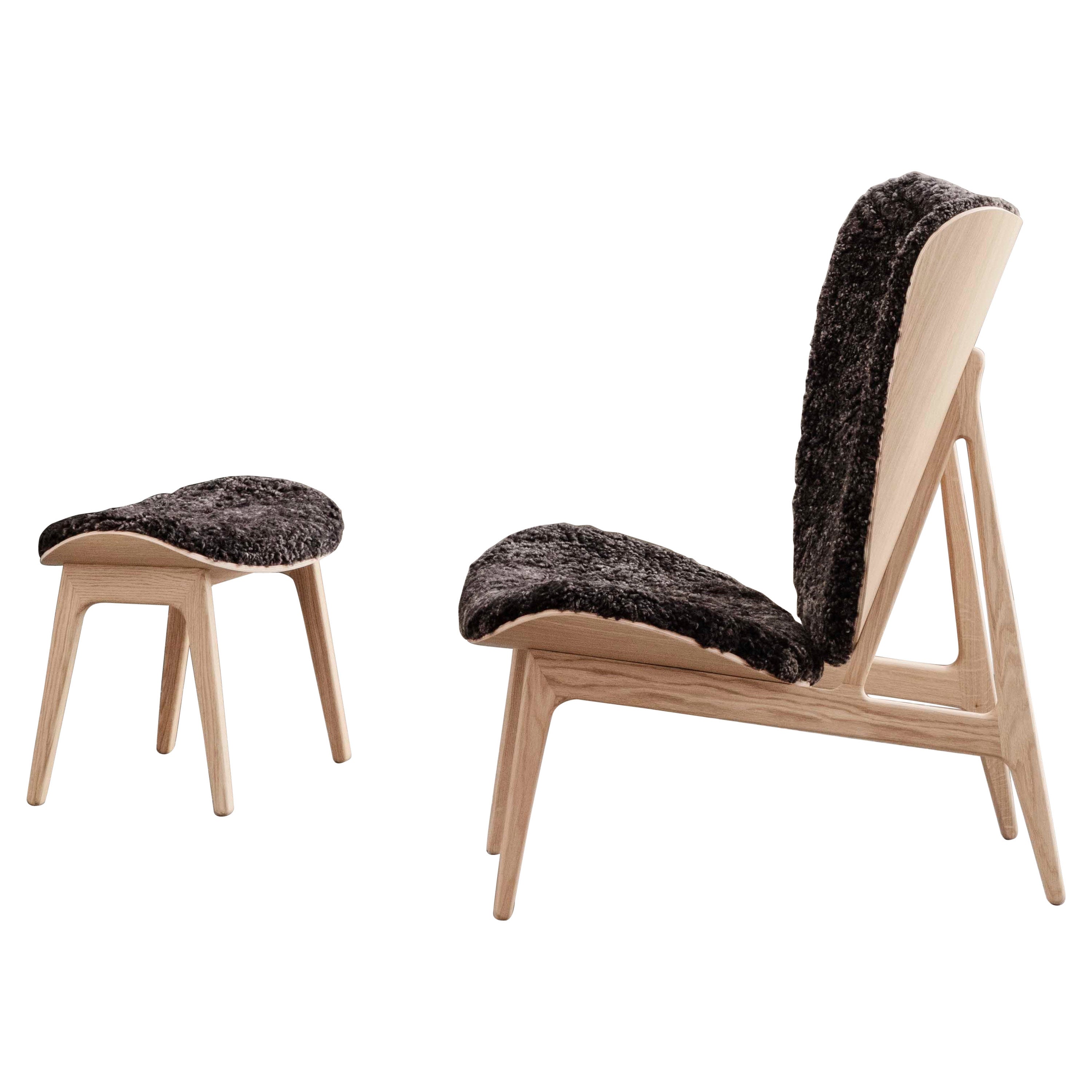 'Elephant' Lounge Chair + Stool, Natural Oak, Sheepskin Set by Norr11 For Sale