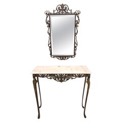 Vintage Wall Mirror and Console with a Marble Top and Cast Brass Frame, Italy