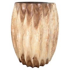 Sculptural Drum Side Table with Fluted Sides in Suar Wood, Thailand