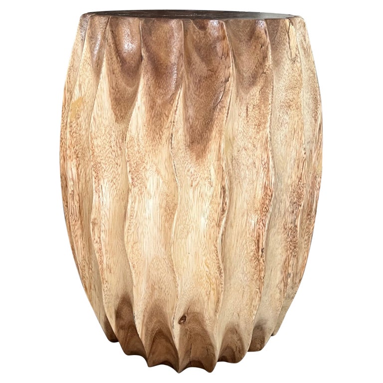 Sculptural Drum Side Table with Fluted Sides in Suar Wood, Thailand