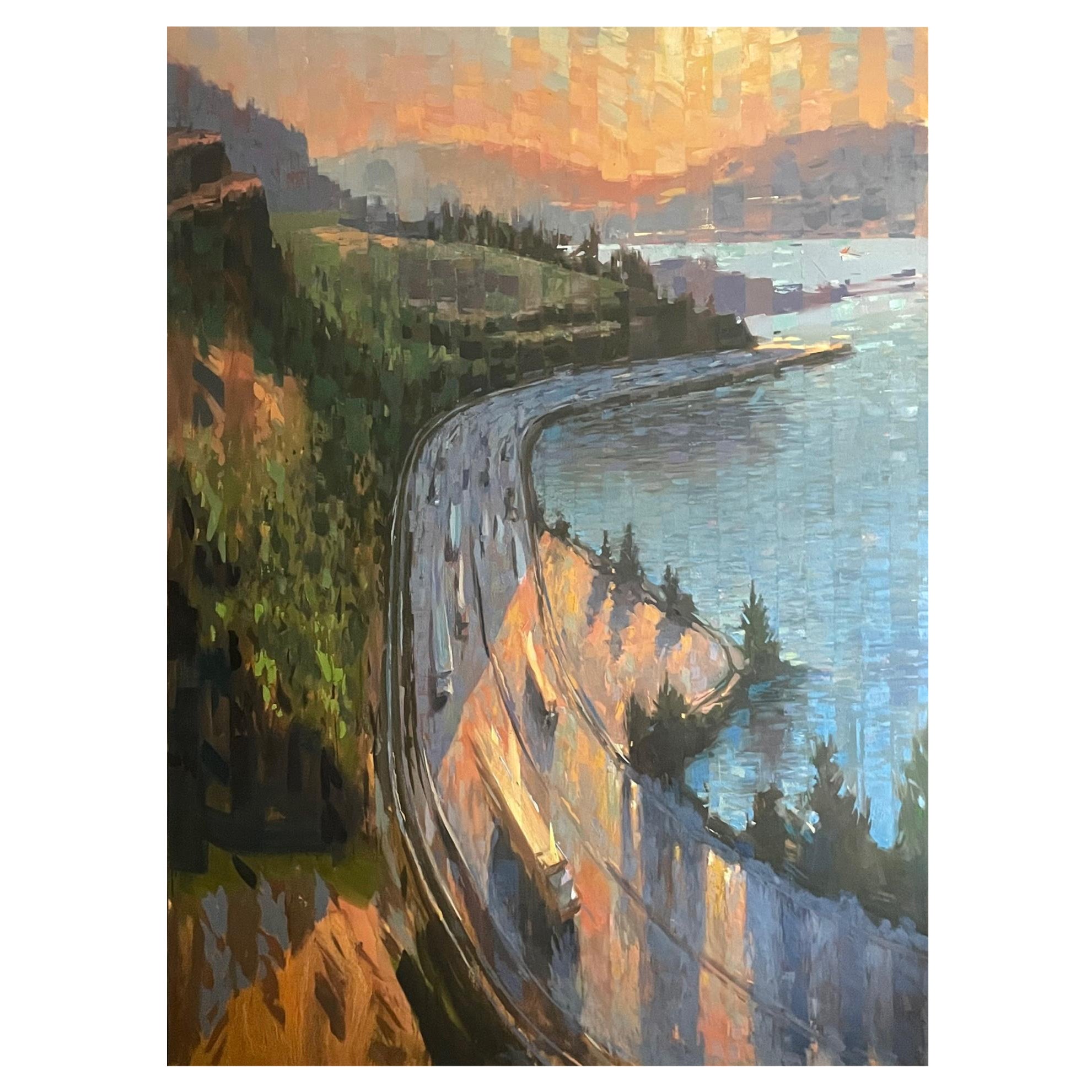 Framed Oil on Canvas Plein Air "Smoke'n" 84" Highway Scene, Jeff Markowsky