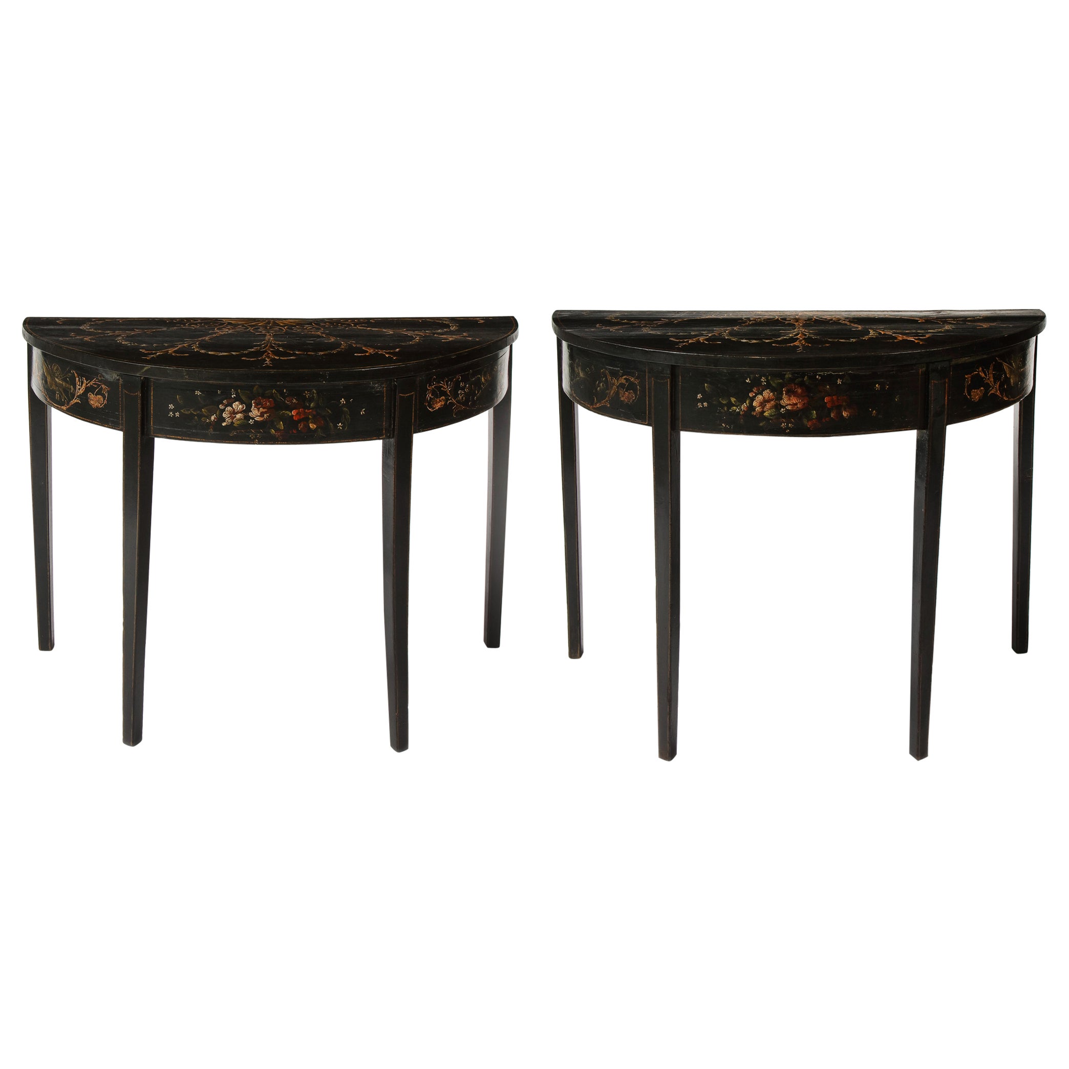 Pair of Victorian Black and Polychrome Demi-Lune Black Console Tables