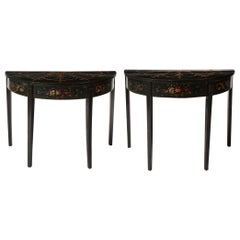 Antique Pair of Victorian Black and Polychrome Demi-Lune Black Console Tables