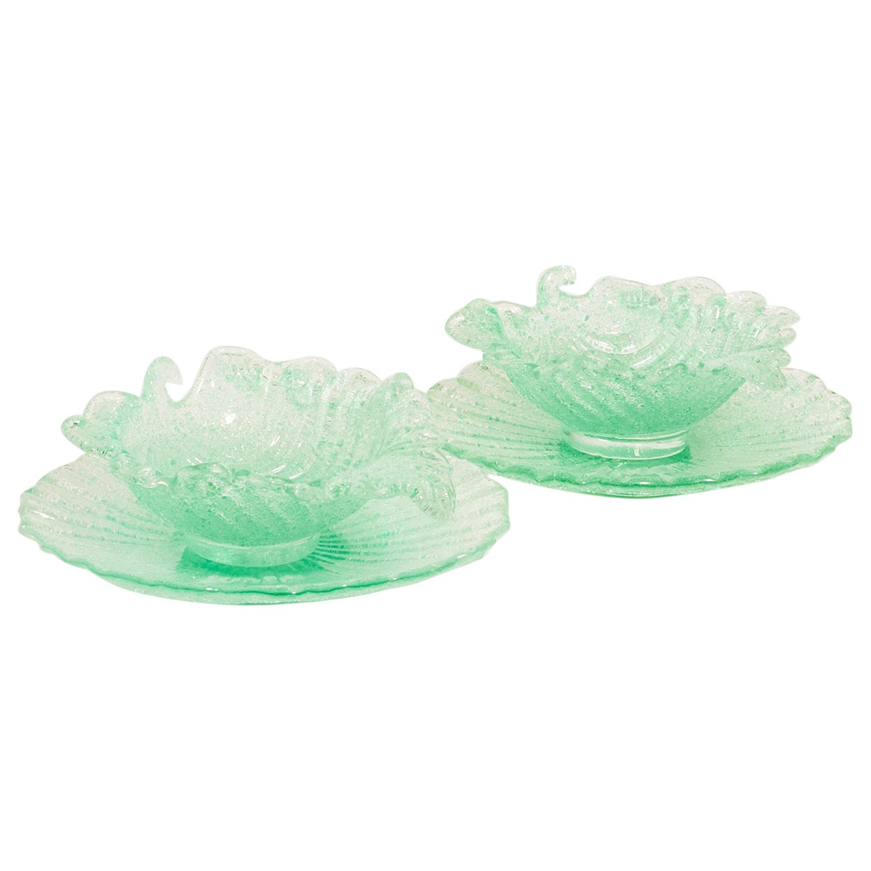 Murano Textured Mint Glass Leaf Bowl and Plate Set of Two